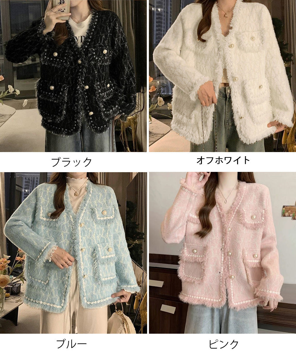 ツイード風ニットジャケットレディース上品