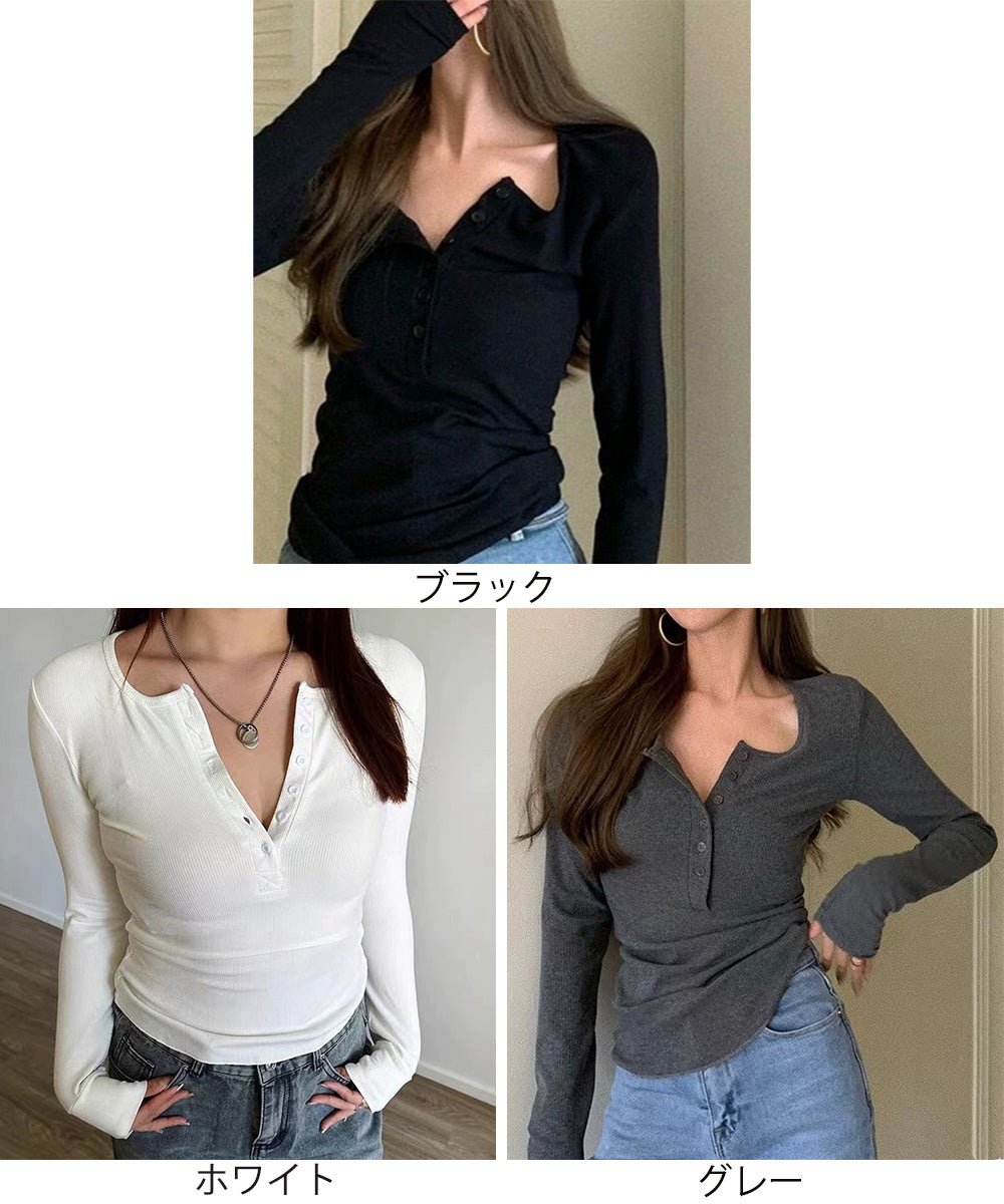 ハーフボタンカットソー長袖タイトtシャツ