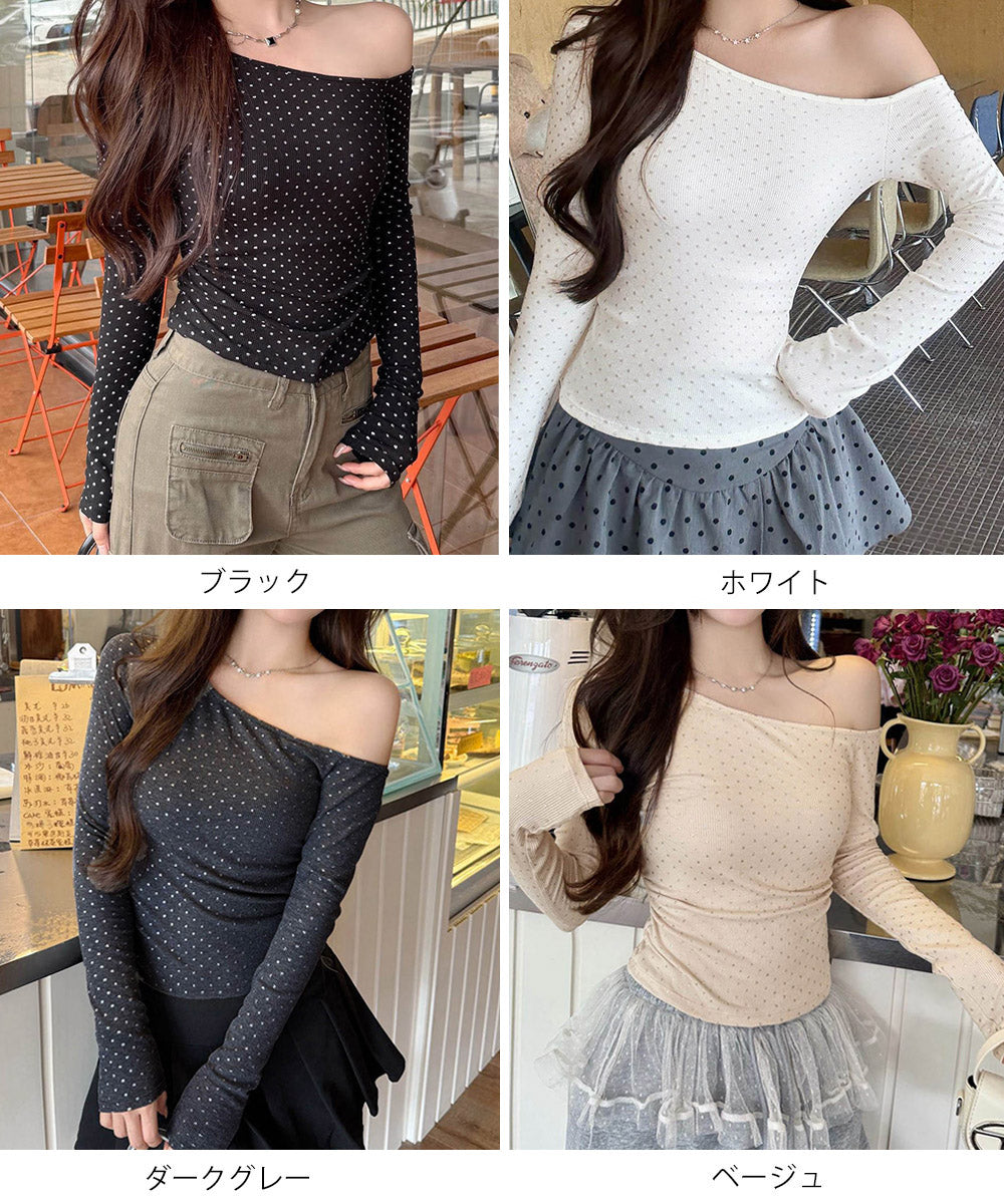 ドットラメtシャツオフショルダートップス