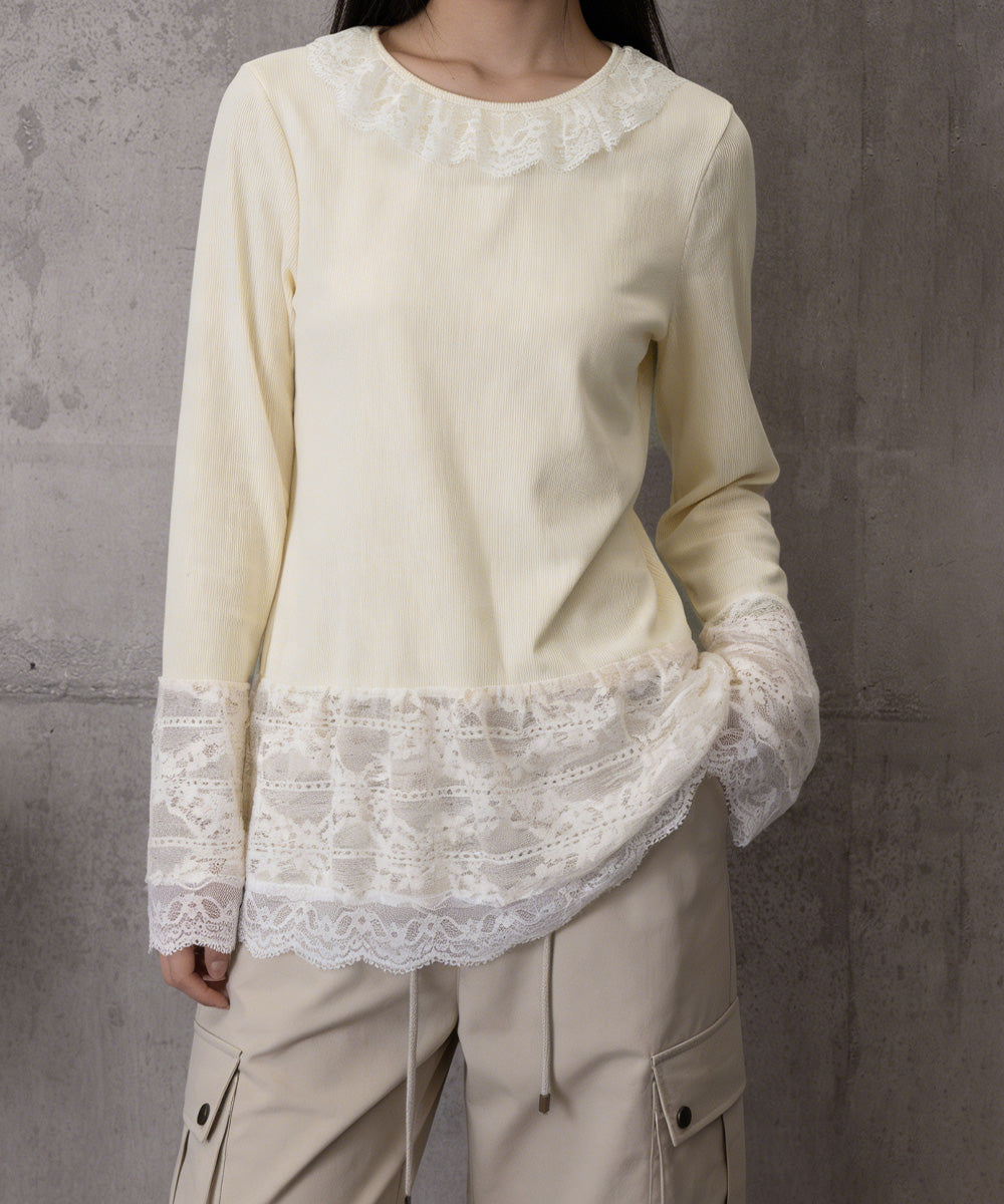 レース切り替えTシャツフェミニントップス