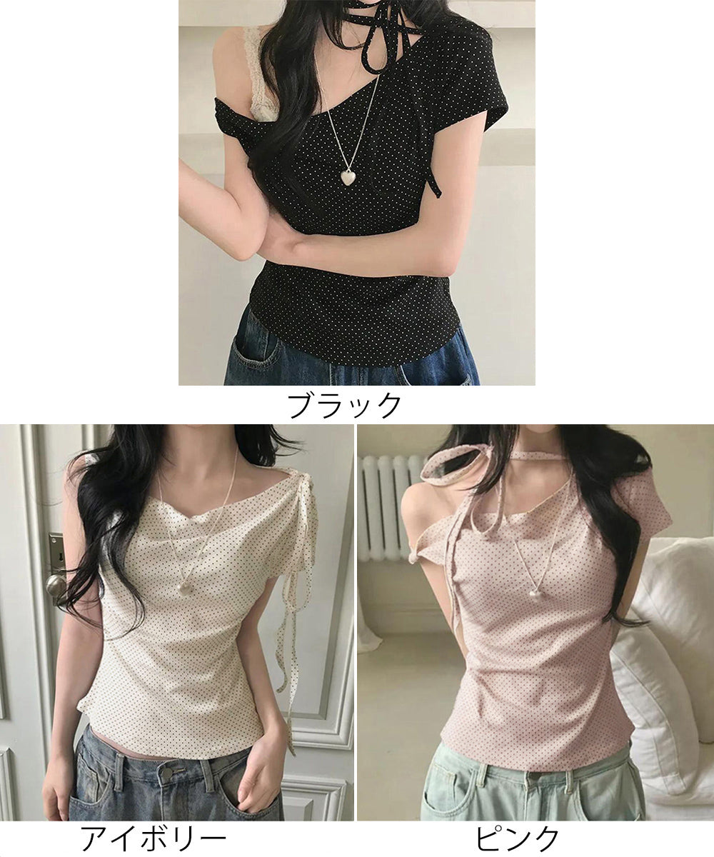 ドット柄tシャツオフショルダートップス夏